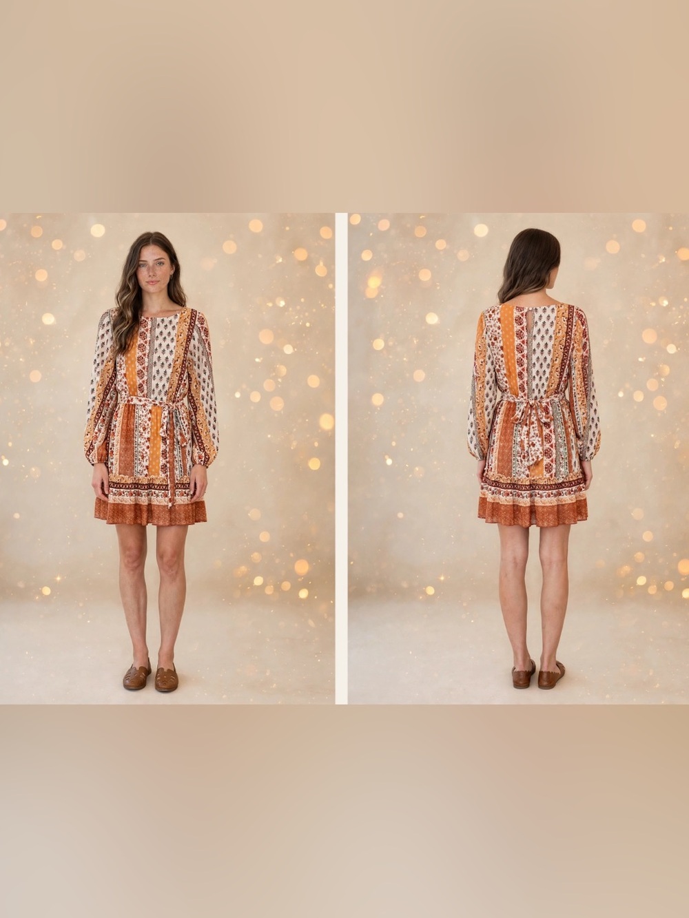 FLYING TOMATO Boho Printed Long-Sleeve Mini Dress in Rust and Cream, Medium